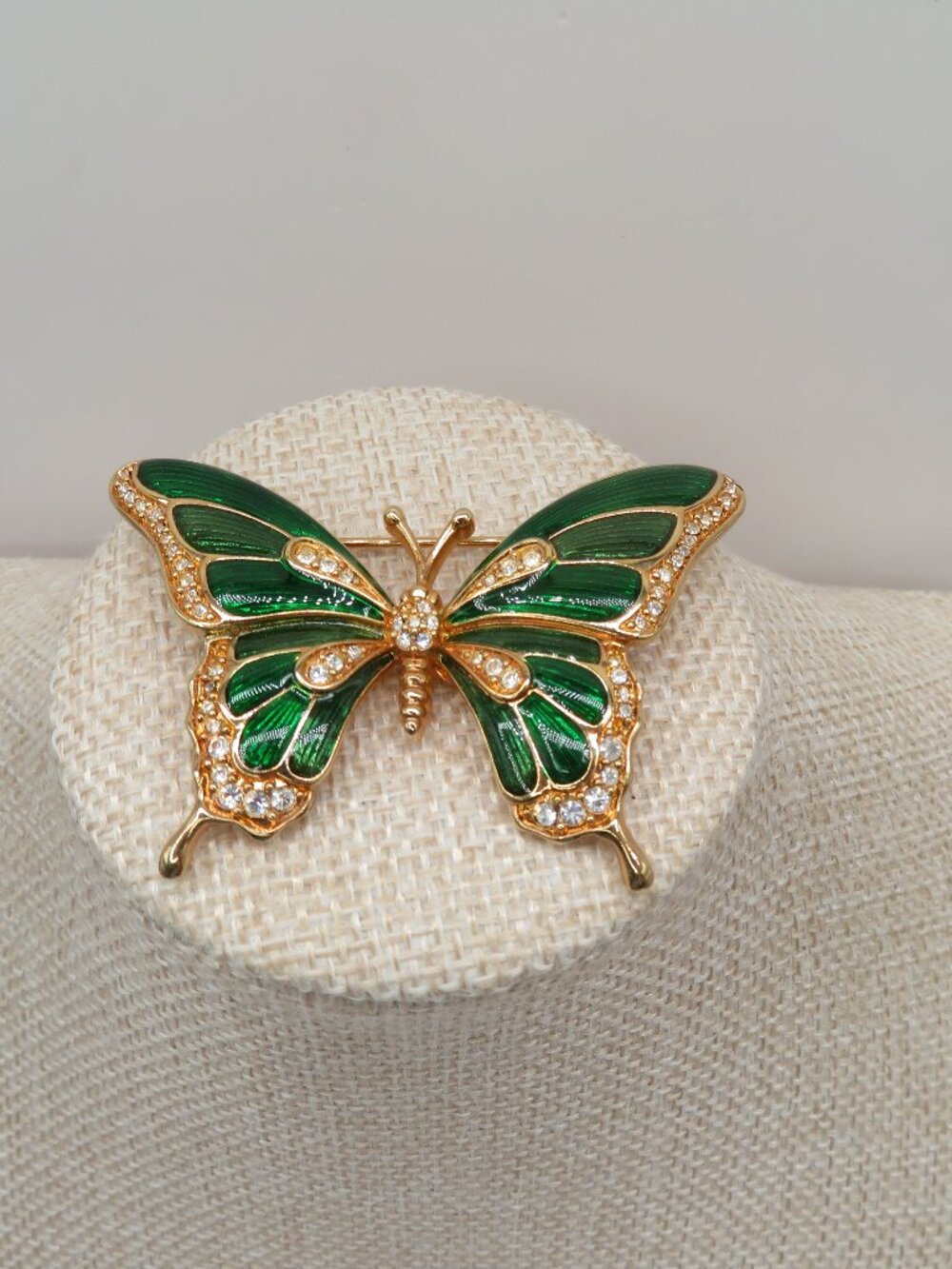 Green Enamel Butterfly Rhinestone Accent Gold Tone Brooch